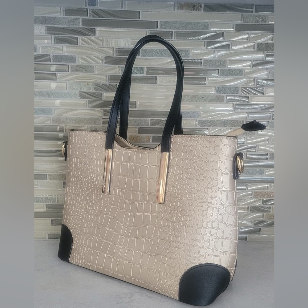 Elegant Beige and Black Croc-Embossed Tote Bag